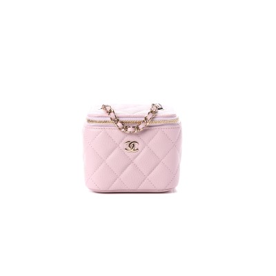 CHANEL MASTER CAVIAR QUILTED MINI VANITY CASE WITH CHAIN LIGHT PINK AP1340 (10*9*7cm)